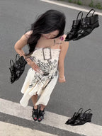 UBORYA Black Leather Braided Slingback Wedge Sandals