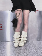 UBORYA Off White Sculptural Slouch Boots 6cm Block Heel Metal Eyelets Faux Leather