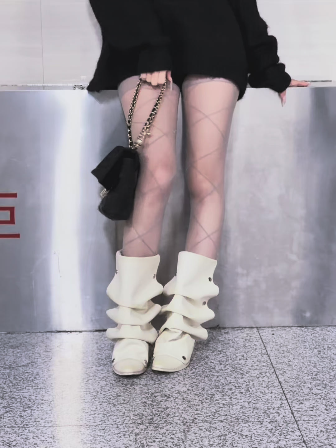 UBORYA Off White Sculptural Slouch Boots 6cm Block Heel Metal Eyelets Faux Leather