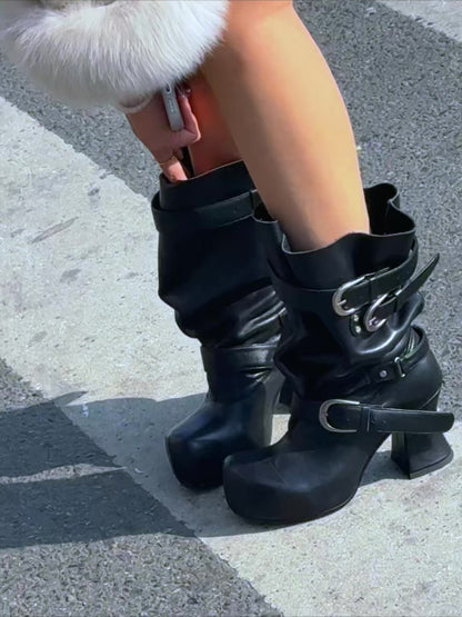 UBORYA Black Slouchy Ankle Boots with Buckle Straps – Sculptural Chunky Heel Platform Boots for Women | Square Toe | Ruched Shaft | Punk Avant-Garde Booties