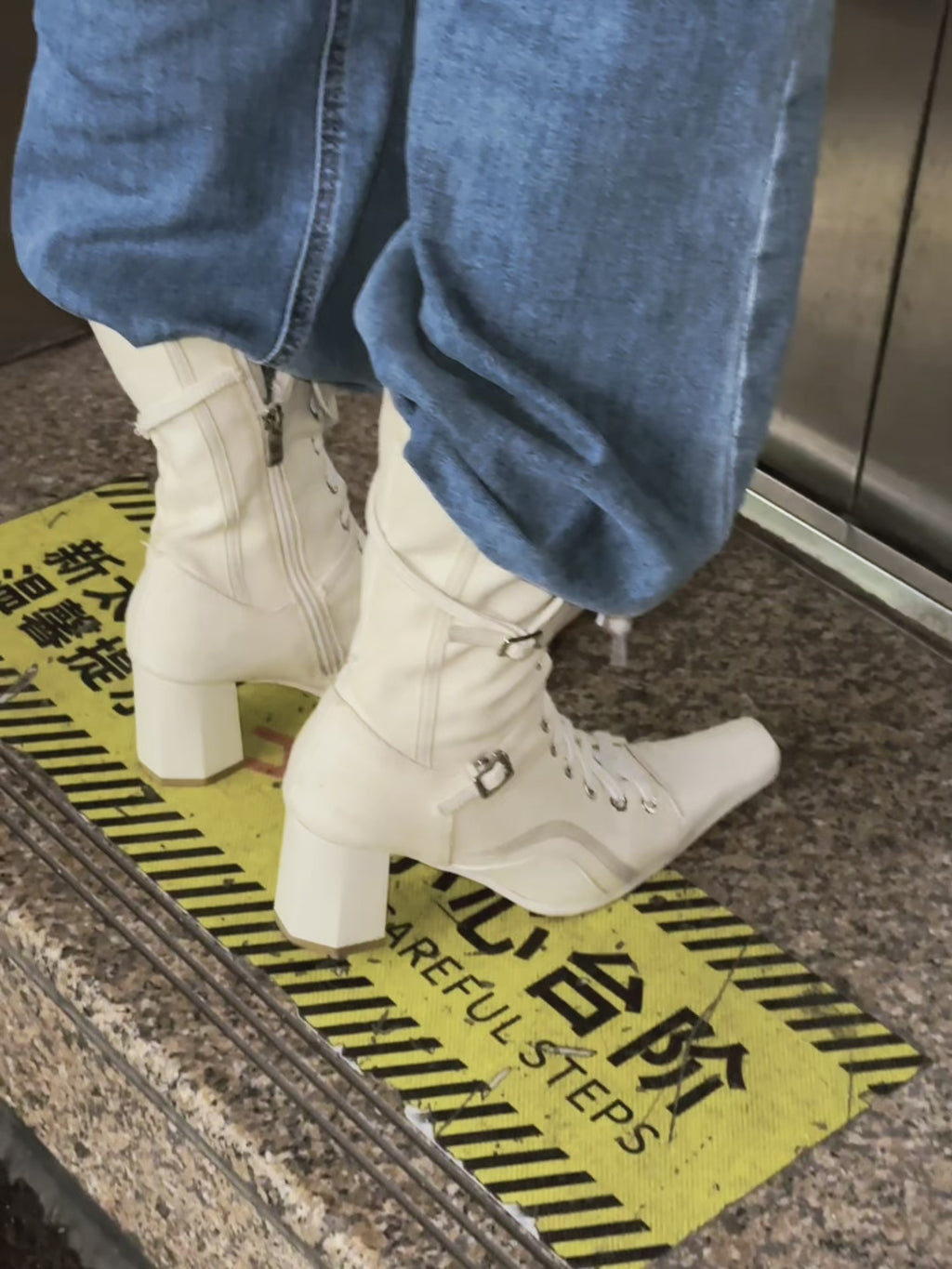 UBORYA Off White Lace Up Ankle Boots Square Toe Block Heel Retro Buckle Detail