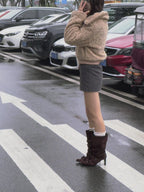 UBORYA Brown Suede Ruched Mid Calf Boots 7cm Block Heel Knot Detail