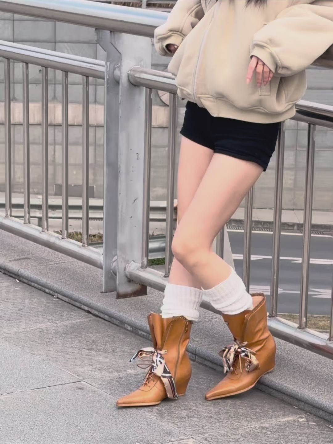 UBORYA Tan Leather Lace Up Wedge Boots Scarf Bow Pointed Toe Mid Calf Boots