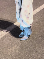 UBORYA Grey Blue Suede Fringe Mid-Calf Boots with Buckle Straps
