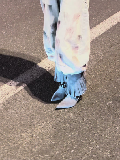 UBORYA Grey Blue Suede Fringe Mid-Calf Boots with Buckle Straps – Sculptural Wedge Heel Boots for Women | Pointed Toe | Western Avant-Garde Booties