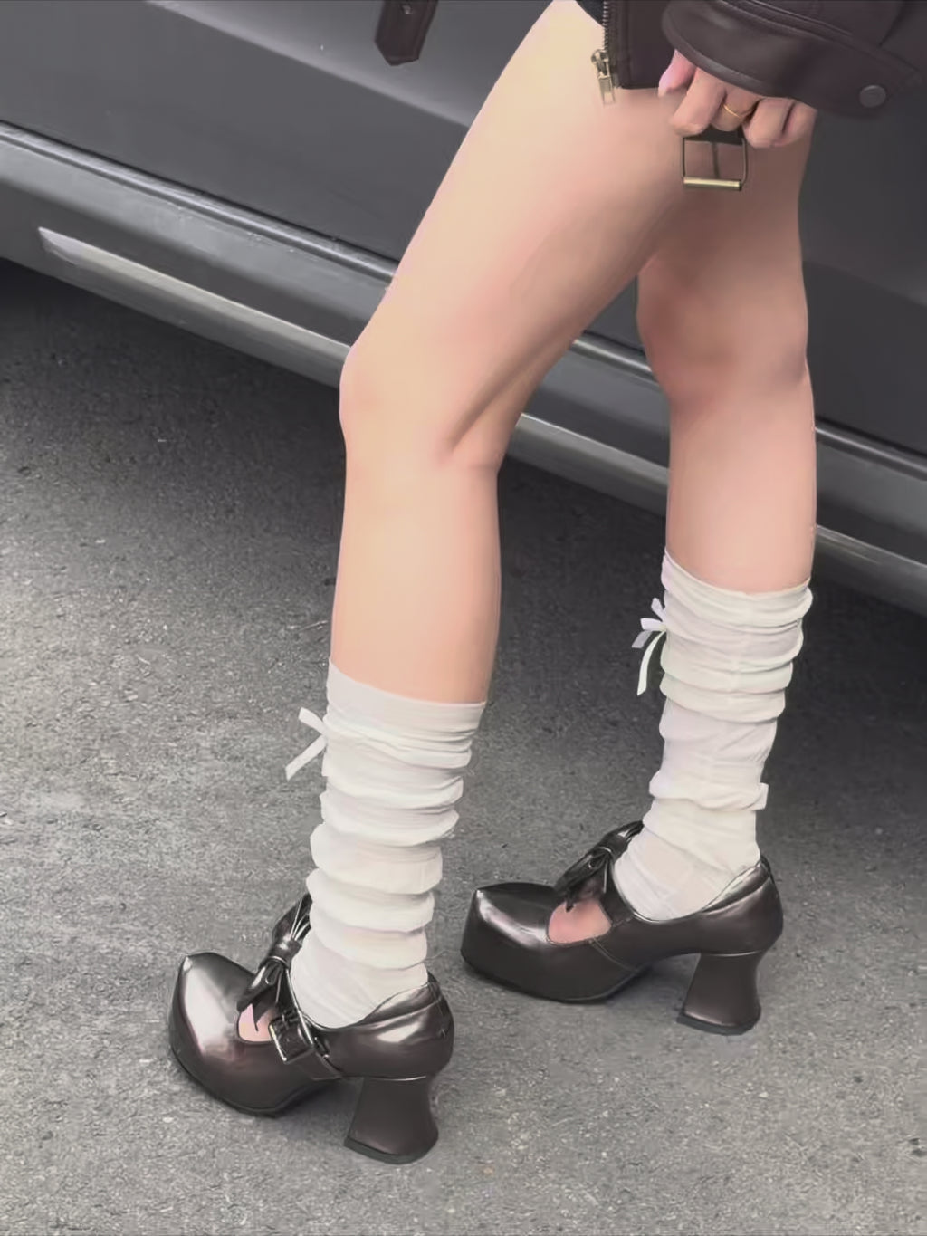 UBORYA Metallic Taupe Dark Academia Mary Jane Platform Heels, Oversized Bow & Buckle Square Toe