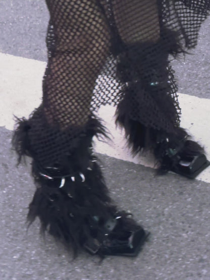 UBORYA Black Avant-Garde Fur & Strap Boots – Gothic Mongolian Faux Fur Midi Boots for Women | 6cm / 2.4in Chunky Heel | Patent Leather & Buckle Accents | Edgy Statement Footwear