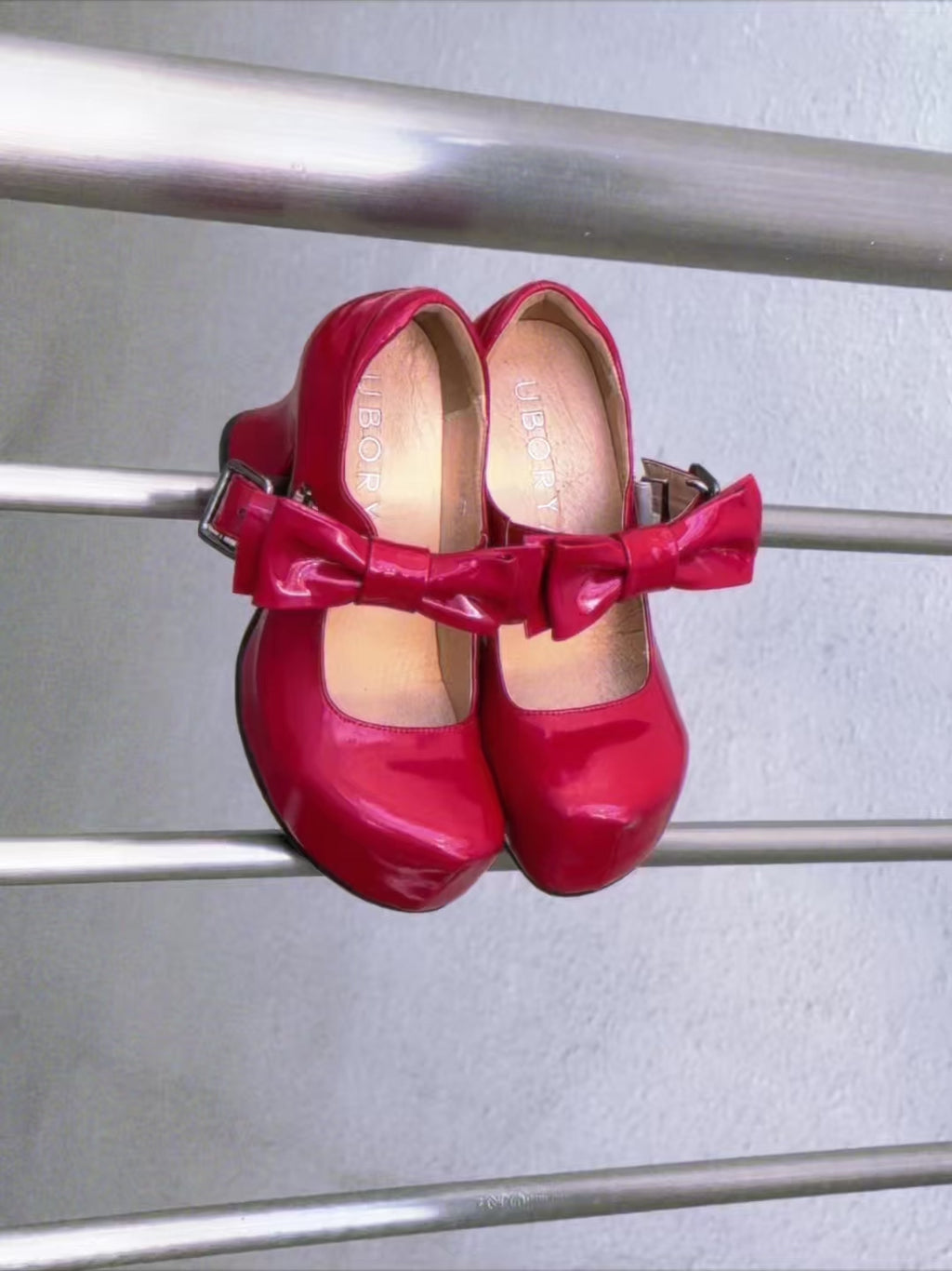 UBORYA Red Patent Leather Mary Jane Platform Heels, Sweet & Bold Oversized Bow & Buckle Round Toe