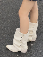 UBORYA Off White Sculptural Slouch Boots 6cm Block Heel Metal Eyelets Faux Leather