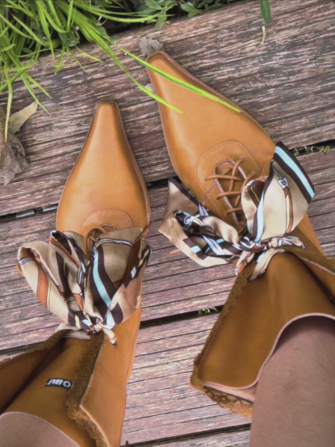 UBORYA Tan Leather Lace Up Wedge Boots Scarf Bow Pointed Toe Mid Calf Boots