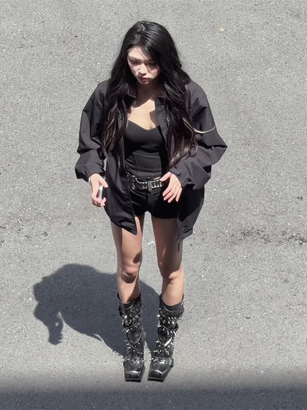 UBORYA Dark Brown Avant‑Garde Knee‑High Boots Gothic 7cm Geometric Heel Buckle Stud Strap