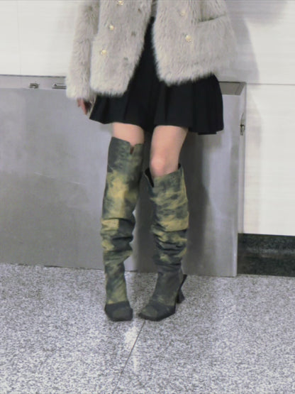 UBORYA Black & Yellow Wash Over-The-Knee Boots – Artistic Knit Thigh Highs for Women | 8cm / 2.0in Block Heel | Square Toe | Edgy Abstract Print Midi Boots