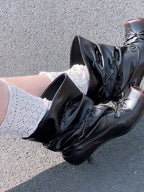 UBORYA Black Slouchy Bow Ankle Boots with Distressed Square Toe