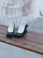 UBORYA Black Patent Leather Scallop Edge Architectural Heel Pumps
