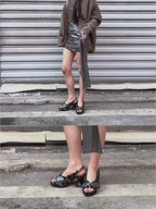 UBORYA Distressed Black Platform Slingback Heels with Star Studs