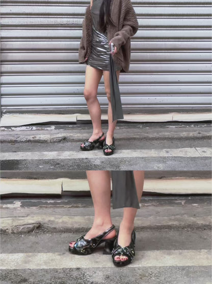 UBORYA Distressed Black Platform Slingback Heels - Peep Toe Star Stud Zipper Detail Sculptural Heel Sandals