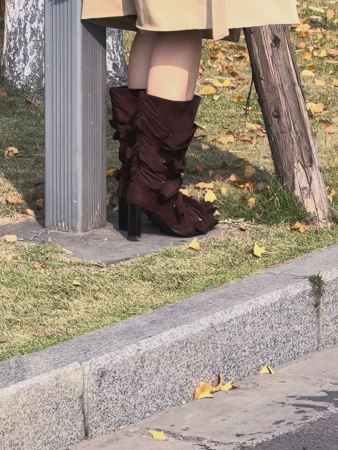 UBORYA Brown Suede Ruched Mid Calf Boots 7cm Block Heel Knot Detail