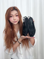 UBORYA Black Lace Slingback Peep-Toe Wedge Sandals with Bow Details