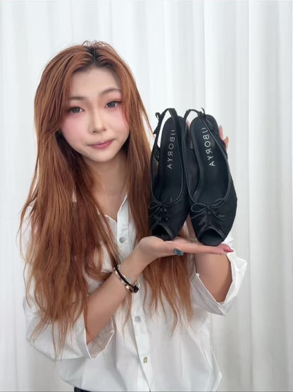 UBORYA Black Lace Slingback Peep-Toe Shoes with Bow Details – Low Wedge Heel Pumps for Women | Gothic Coquette Heels | Elegant Mesh Open-Toe Sandals