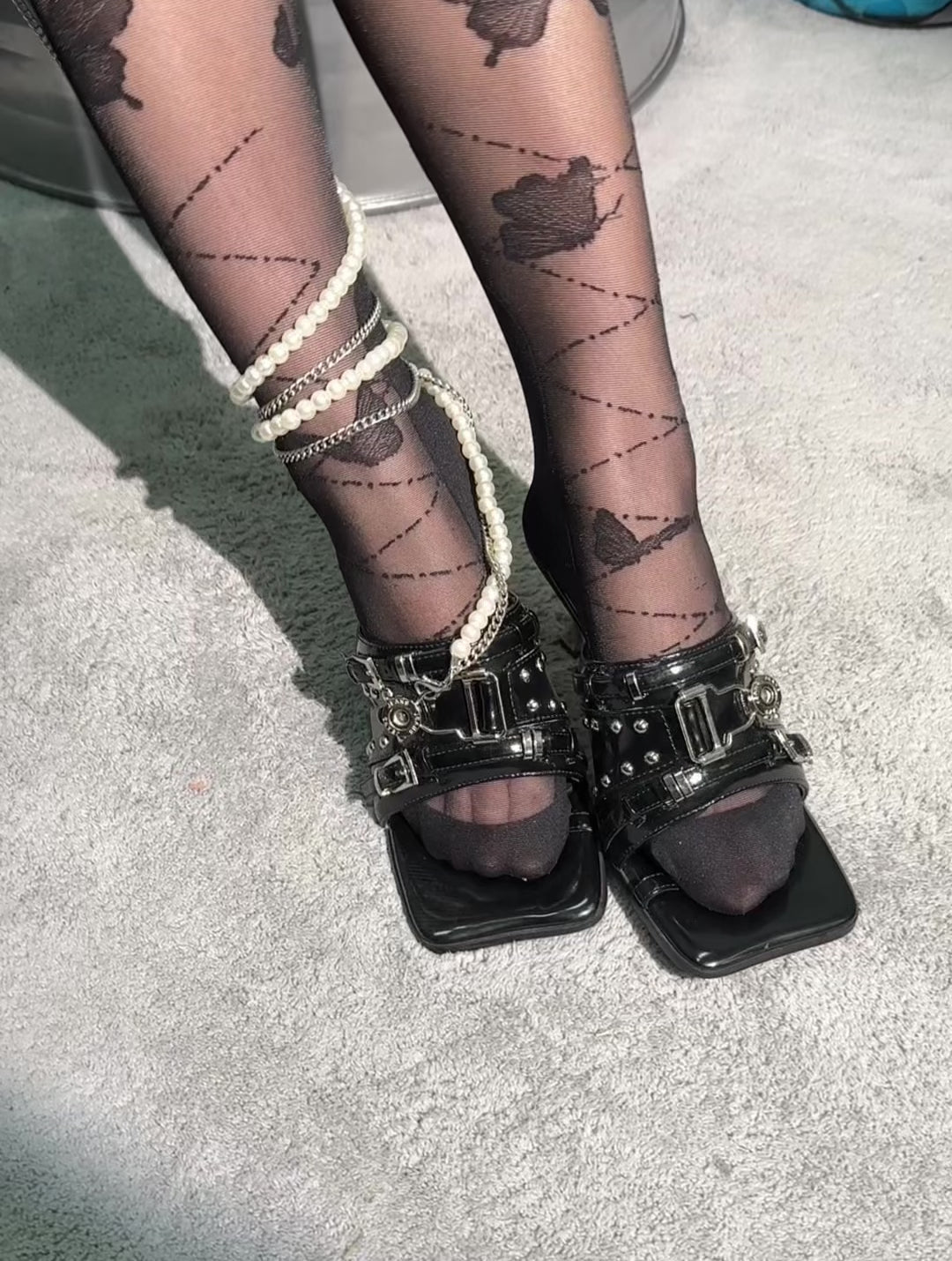 UBORYA Black Patent Leather Punk‑Luxury Mules 7cm Metal Stiletto Skull Rivet