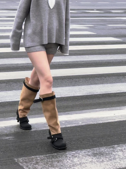 UBORYA Tan Suede Slouchy Knee-High Boots with Black Buckle Straps – Sculptural Kitten Heel Boots for Women | Two-Tone Western Punk Booties
