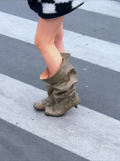 UBORYA Khaki Suede Slouchy Knee-High Boots with Bows – Square Toe Kitten Heel Boots for Women | Ruched Shaft | Side Zipper | Earthy Avant-Garde Booties