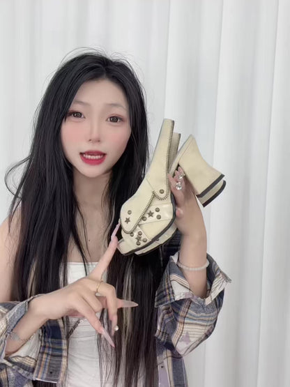 UBORYA Beige Canvas Platform Slingback Heels - Peep Toe Star Stud Zipper Detail Sculptural Heel Sandals