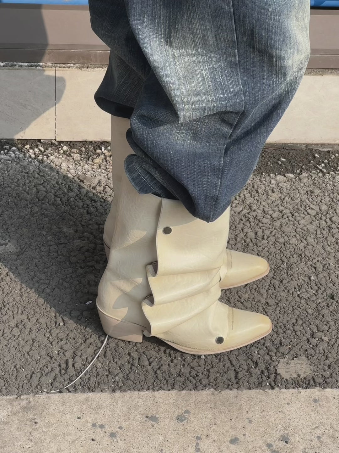 UBORYA Off White Sculptural Slouch Boots 6cm Block Heel Metal Eyelets Faux Leather
