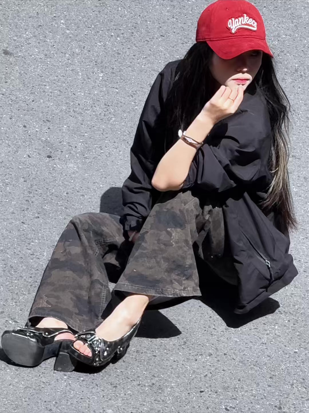 UBORYA Distressed Black Platform Slingback Heels with Star Studs