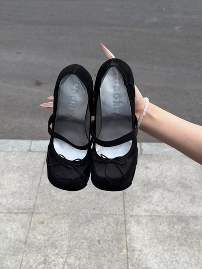 UBORYA Black Mary Jane Stiletto Heels - Mixed Material Round Toe Bow Detail Pumps